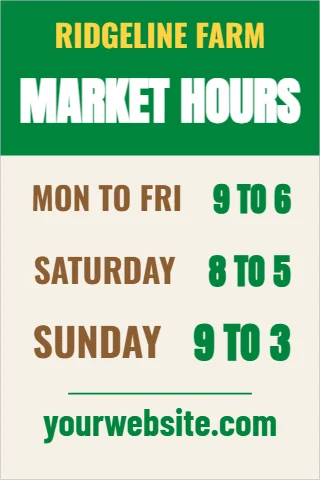 A-frame sign template, farm market hours, reading "MARKET HOURS", "SUNDAY" and "yourwebsite.com", in green and cream