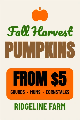 A-frame sign template, pumpkins for sale, reading "Fall Harvest", "PUMPKINS" and "FROM $5", in orange and cream