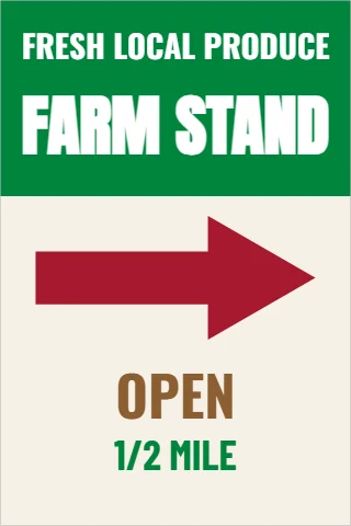 A-frame sign template, farm stand, this way, reading "FARM STAND", "OPEN" and "1/2 MILE", in green and cream