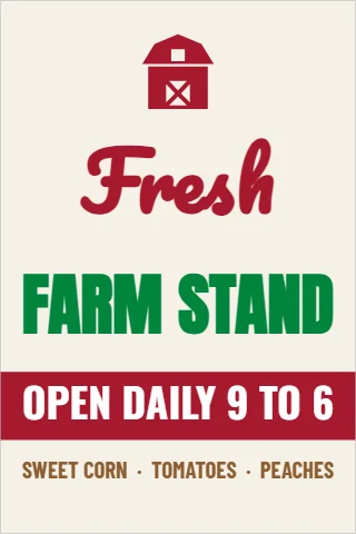 A-frame sign template, farm stand, fresh script, reading "Fresh", "FARM STAND" and "OPEN DAILY 9 TO 6", in maroon and cream