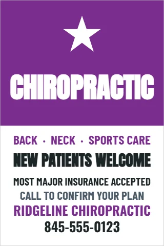 A-frame sign template, chiropractic care, reading "CHIROPRACTIC", "NEW PATIENTS WELCOME" and "845-555-0123", in purple and white