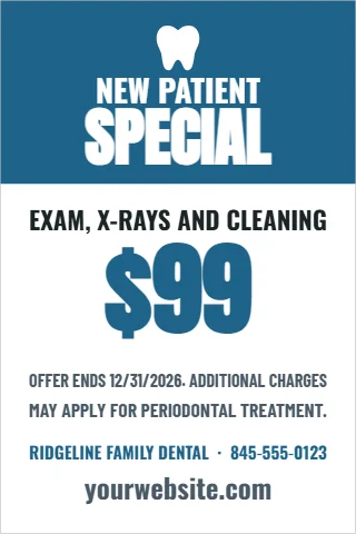 A-frame sign template, new patient special, reading "NEW PATIENT", "SPECIAL" and "$99", in steel blue and white