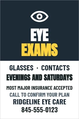 A-frame sign template, eye exams, reading "EYE", "EXAMS" and "GLASSES · CONTACTS", in navy and white
