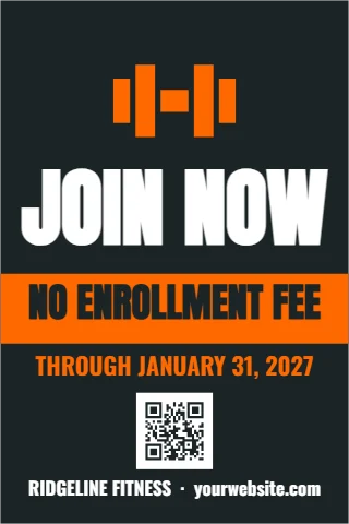A-frame sign template, join now, fitness, reading "JOIN NOW", "NO ENROLLMENT FEE" and "THROUGH JANUARY 31, 2027", in orange and charcoal, with a QR code