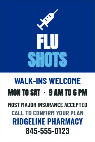A-frame sign template, flu shots, walk-ins welcome, reading "FLU", "SHOTS" and "WALK-INS WELCOME", in blue and white