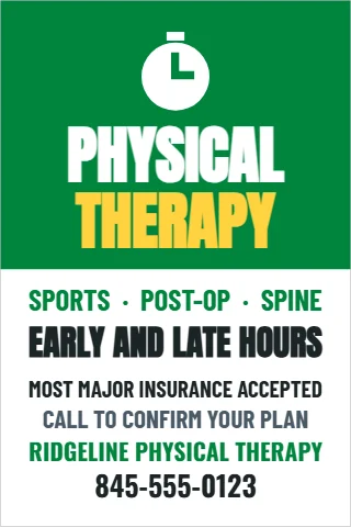 A-frame sign template, physical therapy, reading "PHYSICAL", "THERAPY" and "845-555-0123", in green and white