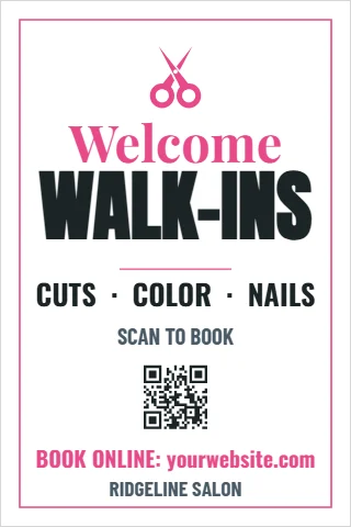 A-frame sign template, salon, walk-ins welcome, reading "Welcome", "WALK-INS" and "CUTS · COLOR · NAILS", in white, with a QR code