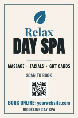 A-frame sign template, day spa, reading "Relax", "DAY SPA" and "SCAN TO BOOK", in cream, with a QR code