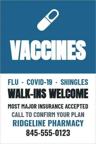 A-frame sign template, vaccines available, reading "VACCINES", "WALK-INS WELCOME" and "RIDGELINE PHARMACY", in steel blue and white