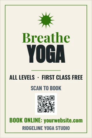A-frame sign template, yoga classes, reading "Breathe", "YOGA" and "SCAN TO BOOK", in cream, with a QR code