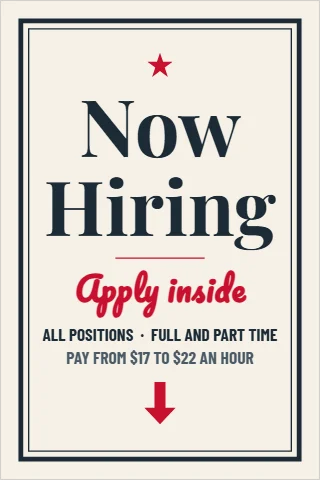 A-frame sign template, now hiring, apply inside, serif, reading "Now", "Hiring" and "Apply inside", in cream