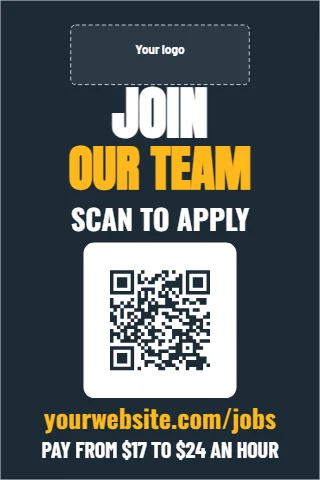 A-frame sign template, scan to apply, reading "JOIN", "OUR TEAM" and "SCAN TO APPLY", in white and navy, with a space for your logo and a QR code