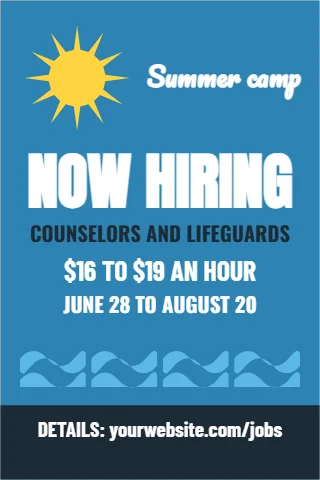 A-frame sign template, summer camp counselors, reading "Summer camp", "NOW HIRING" and "$16 TO $19 AN HOUR", in navy and blue
