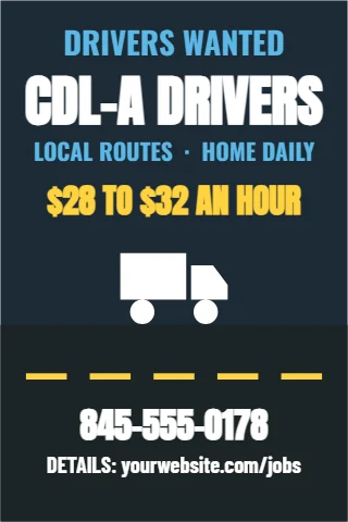 A-frame sign template, CDL-A drivers, on the road, reading "DRIVERS WANTED", "CDL-A DRIVERS" and "845-555-0178", in charcoal and navy