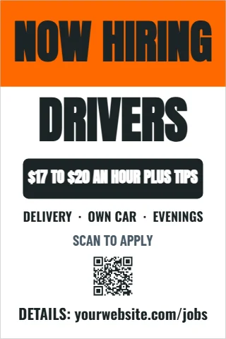 A-frame sign template, delivery drivers, reading "NOW HIRING", "DRIVERS" and "SCAN TO APPLY", in orange and white, with a QR code
