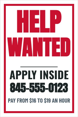 A-frame sign template, help wanted, apply inside, reading "HELP", "WANTED" and "APPLY INSIDE", in white
