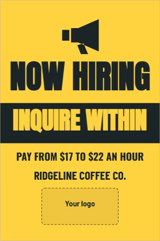 A-frame sign template, now hiring, inquire within, reading "NOW HIRING", "INQUIRE WITHIN" and "RIDGELINE COFFEE CO.", in charcoal and yellow, with a space for your logo