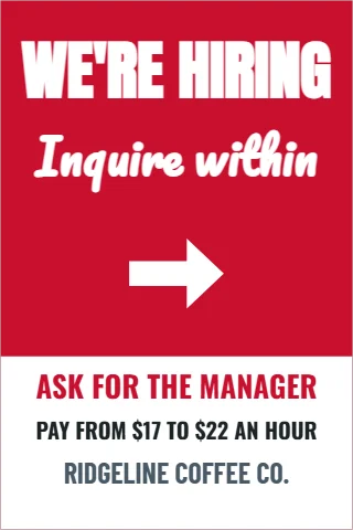 A-frame sign template, we're hiring, inquire within, red, reading "WE'RE HIRING", "Inquire within" and "ASK FOR THE MANAGER", in white and red