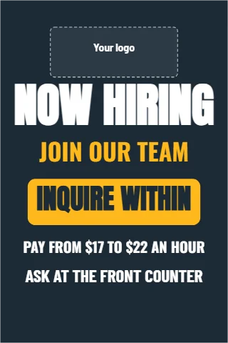 A-frame sign template, join our team, inquire within, navy, reading "NOW HIRING", "JOIN OUR TEAM" and "INQUIRE WITHIN", in navy, with a space for your logo