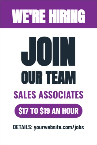 A-frame sign template, join our team, store, reading "WE'RE HIRING", "JOIN" and "OUR TEAM", in purple and white
