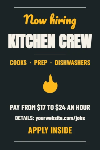 A-frame sign template, kitchen crew, chalkboard, reading "Now hiring", "KITCHEN CREW" and "APPLY INSIDE", in charcoal