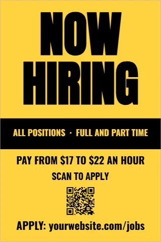 A-frame sign template, now hiring, black on yellow, reading "NOW", "HIRING" and "SCAN TO APPLY", in black and yellow, with a QR code