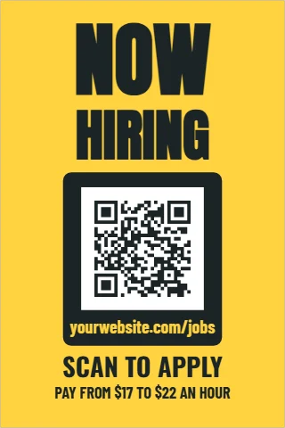 A-frame sign template, now hiring, scan to apply, reading "NOW", "HIRING" and "SCAN TO APPLY", in charcoal and yellow, with a QR code