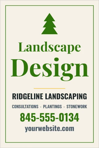 A-frame sign template, landscape design, reading "Landscape", "Design" and "845-555-0134", in cream