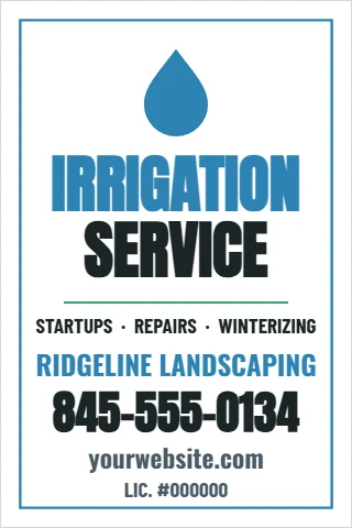 A-frame sign template, irrigation, reading "IRRIGATION", "SERVICE" and "845-555-0134", in white