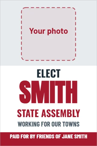 A-frame sign template, state Assembly with photo, reading "ELECT", "SMITH" and "STATE ASSEMBLY", in light gray and white, with a space for your logo