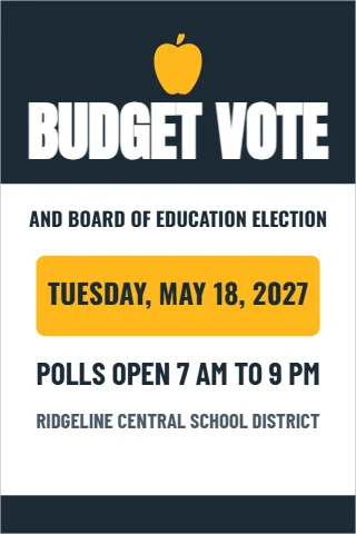A-frame sign template, school budget vote, district notice, reading "BUDGET VOTE", "TUESDAY, MAY 18, 2027" and "POLLS OPEN 7 AM TO 9 PM", in navy and white