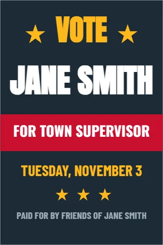 A-frame sign template, candidate, bold navy, reading "VOTE", "JANE SMITH" and "FOR TOWN SUPERVISOR", in red and navy