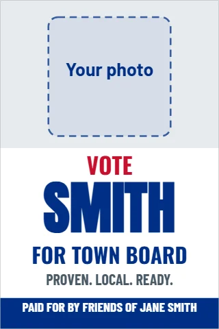A-frame sign template, candidate with photo, reading "VOTE", "SMITH" and "FOR TOWN BOARD", in light gray and white, with a space for your logo