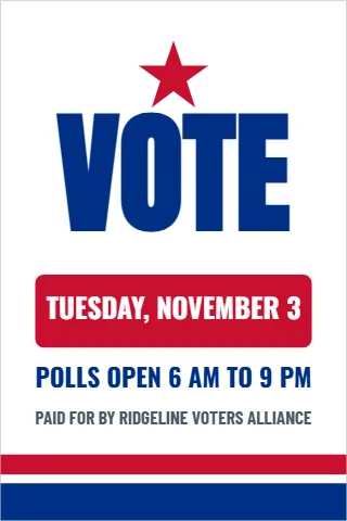 A-frame sign template, vote, Election Day, reading "VOTE", "TUESDAY, NOVEMBER 3" and "POLLS OPEN 6 AM TO 9 PM", in white