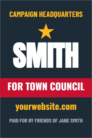 A-frame sign template, campaign headquarters, reading "SMITH", "FOR TOWN COUNCIL" and "yourwebsite.com", in red and navy