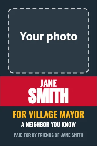 A-frame sign template, village mayor with photo, reading "JANE", "SMITH" and "FOR VILLAGE MAYOR", in red and navy, with a space for your logo