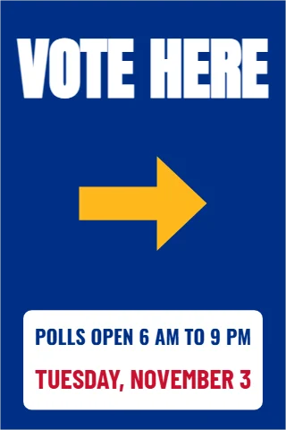 A-frame sign template, vote here, reading "VOTE HERE", "POLLS OPEN 6 AM TO 9 PM" and "TUESDAY, NOVEMBER 3", in white and blue