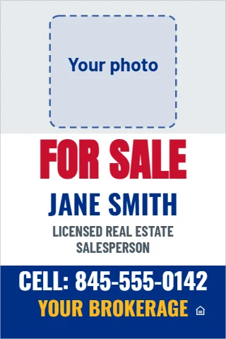 A-frame sign template, for sale with agent photo, reading "FOR SALE", "JANE SMITH" and "YOUR BROKERAGE", in light gray and white, with a space for your logo