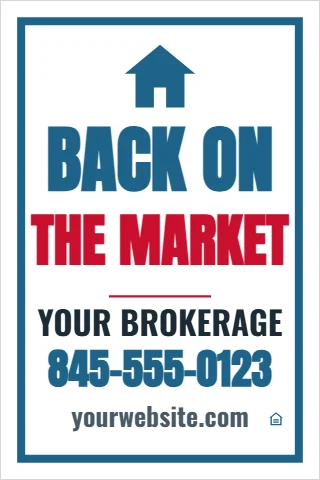 A-frame sign template, back on the market, reading "BACK ON", "THE MARKET" and "845-555-0123", in white