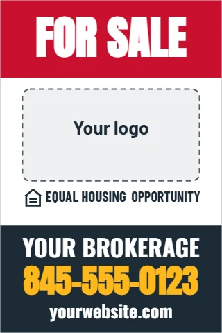 A-frame sign template, brokerage panel, reading "FOR SALE", "YOUR BROKERAGE" and "845-555-0123", in navy and white, with a space for your logo