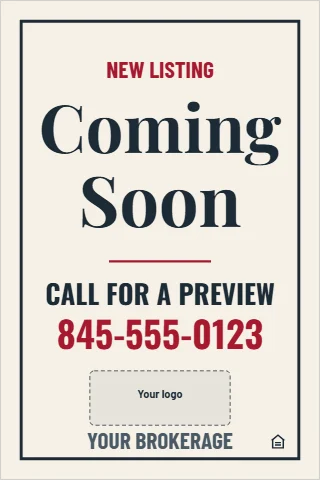 A-frame sign template, coming soon, reading "Coming", "Soon" and "845-555-0123", in cream, with a space for your logo