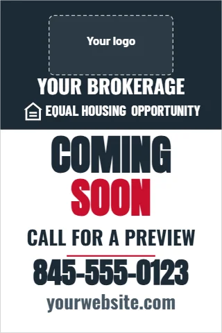 A-frame sign template, coming soon, brokerage column, reading "COMING", "SOON" and "845-555-0123", in navy and white, with a space for your logo