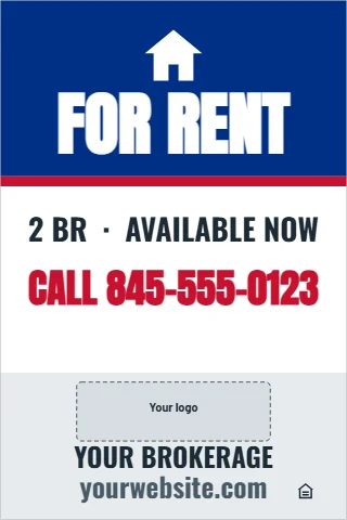 A-frame sign template, for rent, reading "FOR RENT", "CALL 845-555-0123" and "yourwebsite.com", in blue and white, with a space for your logo