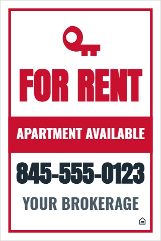 A-frame sign template, apartment for rent, bold, reading "FOR RENT", "845-555-0123" and "YOUR BROKERAGE", in red and white