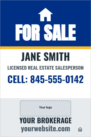 A-frame sign template, for sale, agent panel, reading "FOR SALE", "JANE SMITH" and "CELL: 845-555-0142", in blue and white, with a space for your logo