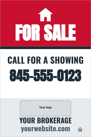 A-frame sign template, for sale, red band, reading "FOR SALE", "CALL FOR A SHOWING" and "845-555-0123", in red and white, with a space for your logo