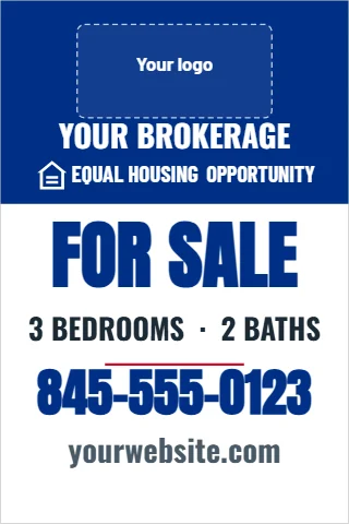 A-frame sign template, for sale, brokerage column, reading "YOUR BROKERAGE", "FOR SALE" and "845-555-0123", in blue and white, with a space for your logo