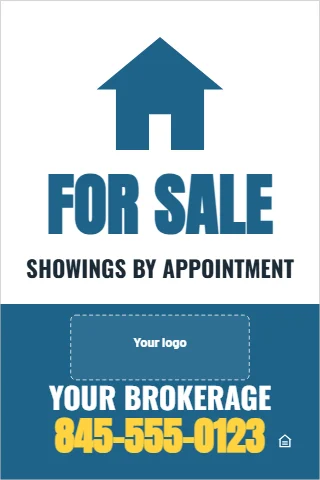 A-frame sign template, for sale, house drawing, reading "FOR SALE", "YOUR BROKERAGE" and "845-555-0123", in steel blue and white, with a space for your logo