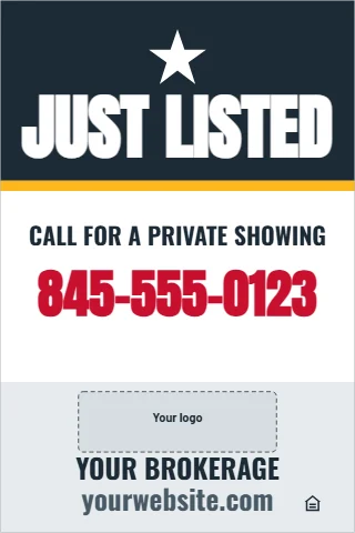 A-frame sign template, just listed, reading "JUST LISTED", "845-555-0123" and "yourwebsite.com", in navy and white, with a space for your logo