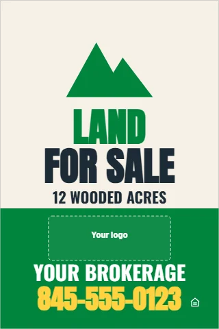 A-frame sign template, land for sale, reading "LAND", "FOR SALE" and "845-555-0123", in green and cream, with a space for your logo